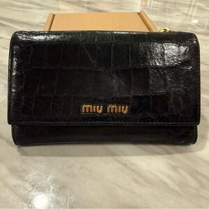 Miu Miu Black Leather Wallet croc embossed with Gold Logo